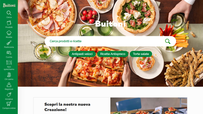 Buitoni website with search bar and images of pizzas, salads, and snacks on a wooden table