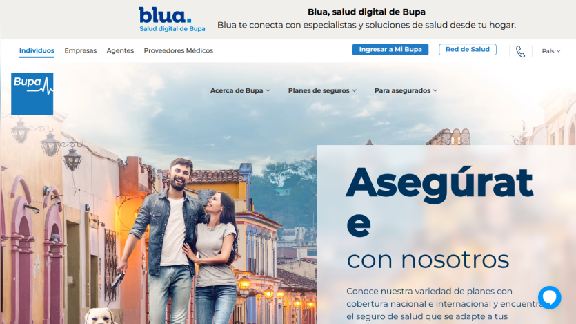 Blua digital health by Bupa connects users with health specialists and insurance plans, featuring a couple walking with a dog in a city street.