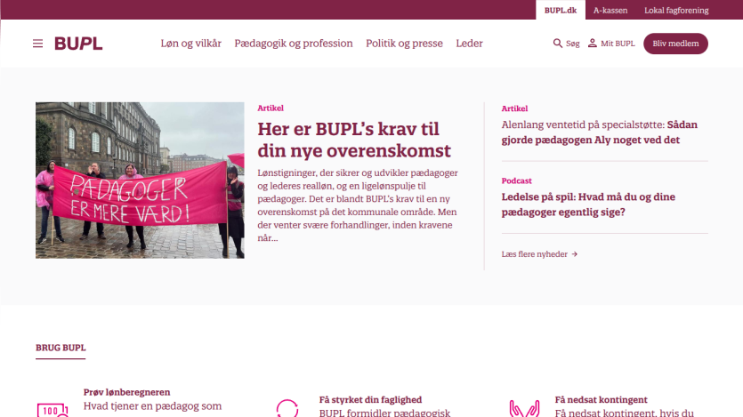 BUPL website with articles on new agreement demands and pedagogical support, plus navigation and membership options