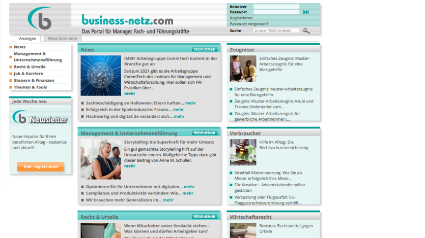 Homepage of business-netz.com featuring articles and navigation links.