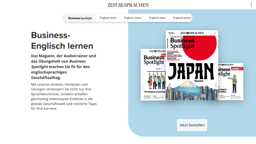 Website promoting business English learning with magazine covers and a call-to-action button.