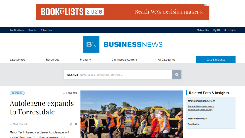 Business News website featuring an article about Autoleague's expansion with images of workers.