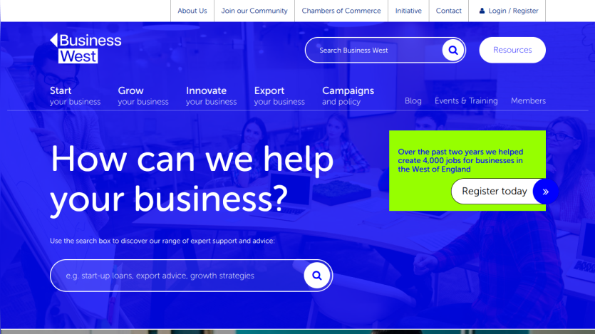 Business West homepage offering expert support to help start, grow, innovate, export businesses with job creation impact
