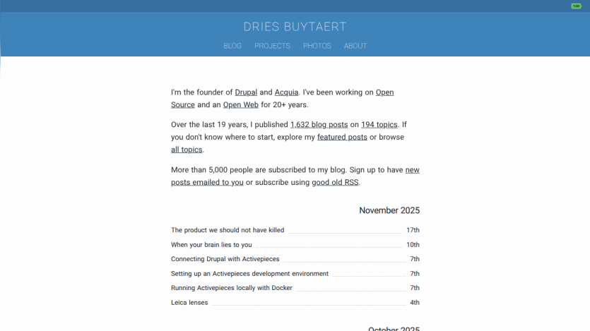 Dries Buytaert blog homepage with navigation links and recent blog post listings for November and October 2025