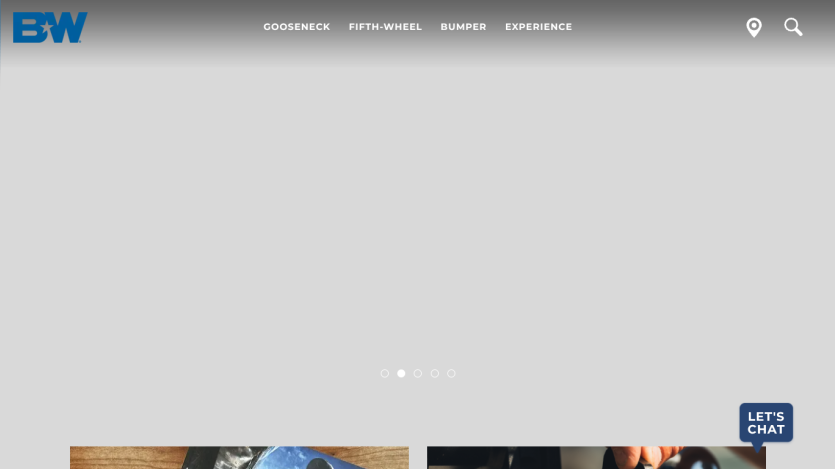 Website header with navigation and hero section showing a truck towing a trailer on a winding mountain road with text 'Welcome the Winding Roads' and a button for Companion Fifth Wheel Hitch