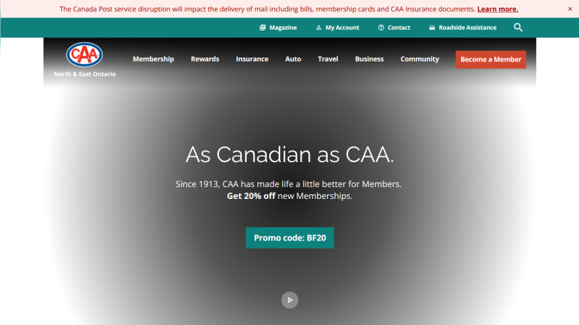CAA North & East Ontario homepage with membership promo offering 20% off and promo code BF20
