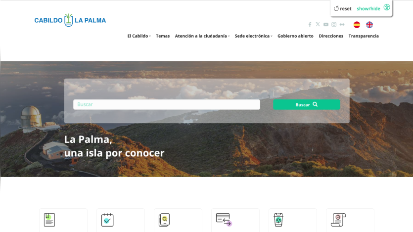 Government site for La Palma island with navigation menu and search bar over a scenic mountain background