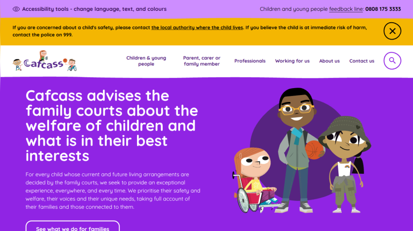 Cafcass homepage advising family courts on children's welfare with navigation and cartoon characters