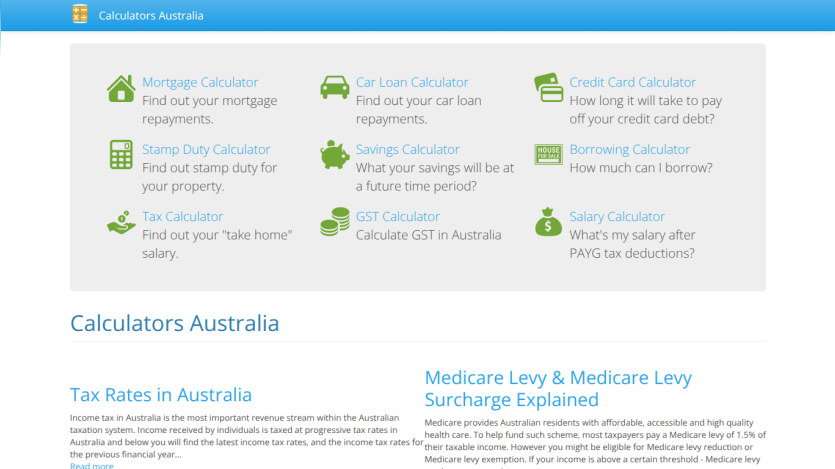Various financial calculators including mortgage, car loan, and credit card calculators.