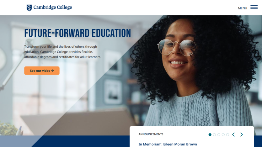 Cambridge College homepage with headline Future-Forward Education and a smiling woman, promoting flexible degrees for adult learners