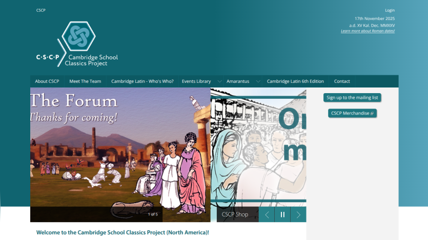 Cambridge School Classics Project homepage with navigation menu, date info, and a forum section featuring classical illustrations and sign-up buttons