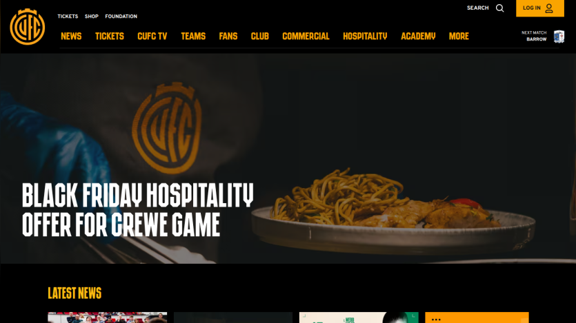 Football club website promoting Black Friday hospitality offer for Crewe game with navigation menu and latest news section
