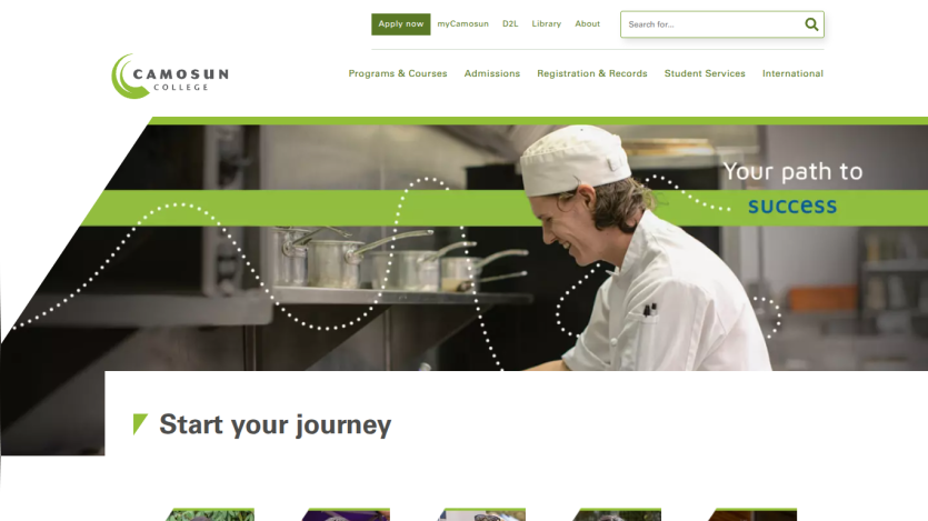 Camosun College homepage with navigation links and a chef in the hero image under the text 'Your path to success'