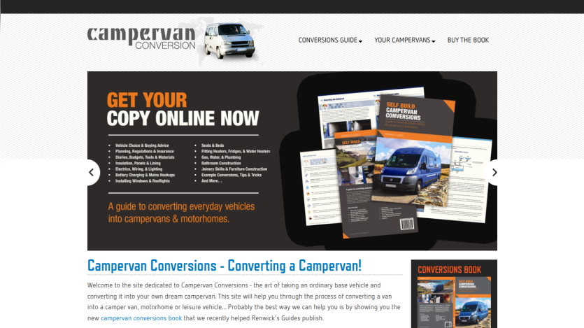 Campervan Conversions website promoting online copy with a guide to converting vehicles.