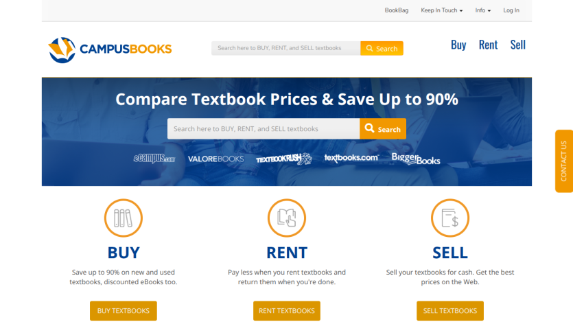 CampusBooks homepage with search bar to buy, rent, or sell textbooks and savings up to 90%
