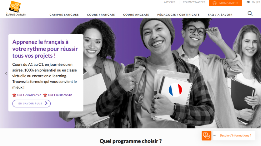 Learn French at your own pace to achieve your projects with various courses offered.