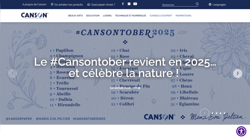 Canson website promoting #Cansontober2025 event celebrating nature with a list of themed words and navigation menu