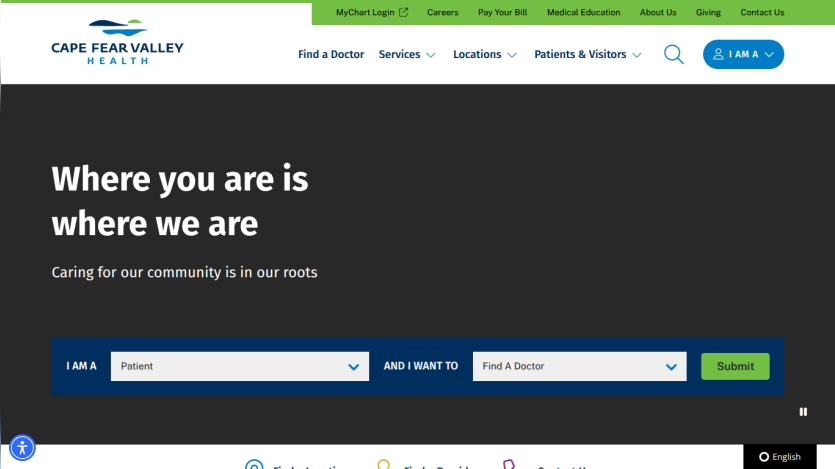 Healthcare website homepage with tagline 'Where you are is where we are' and a search form for finding a doctor