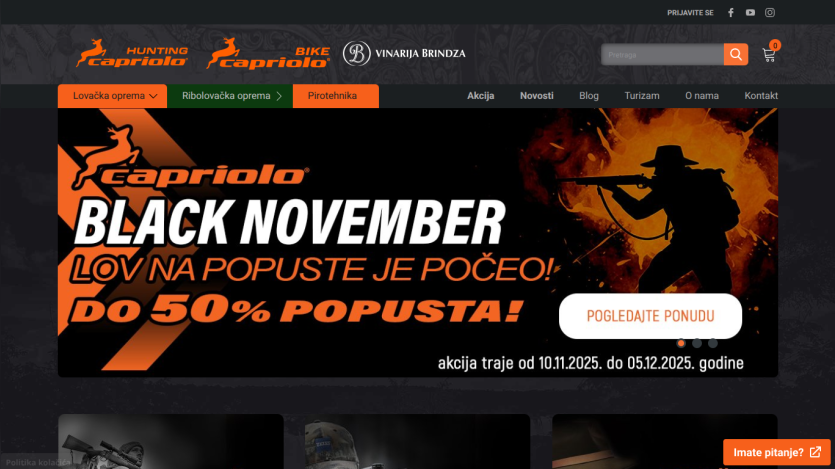 Capriolo hunting and biking gear website with Black November sale up to 50% off from Nov 10 to Dec 5, 2025