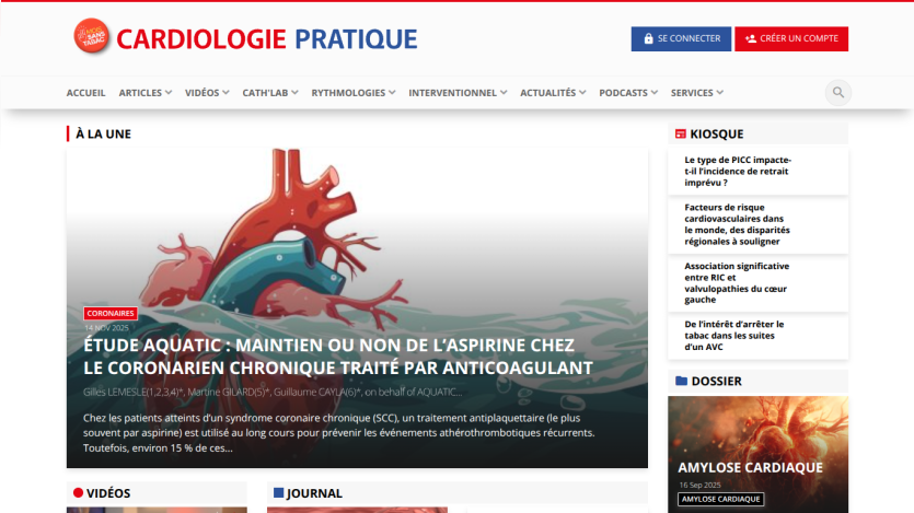 Cardiologie Pratique homepage featuring a highlighted article on aspirin use in chronic coronary patients and navigation menu in French