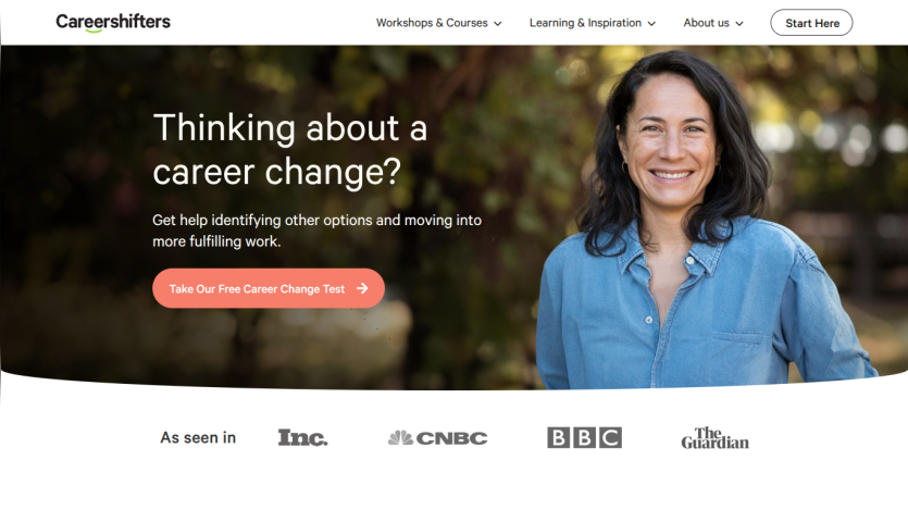 CareerShifters homepage offering help for career change with a free career change test and navigation menu.