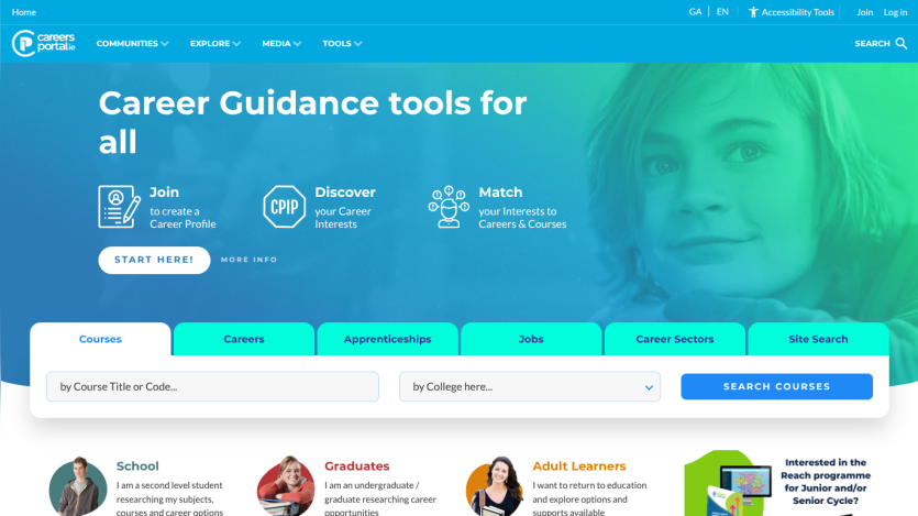 Career guidance tools homepage with navigation, search bar, and options to join, discover, and match careers