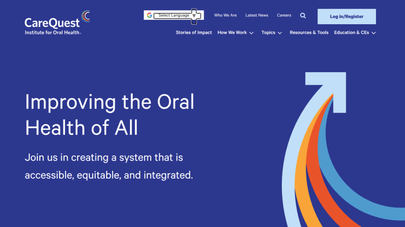 CareQuest Institute for Oral Health homepage with mission to improve oral health access and equity