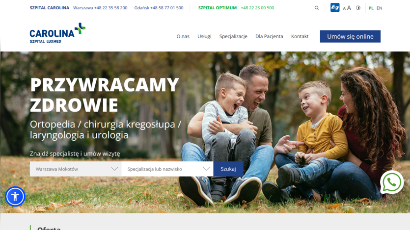 Healthcare website offering orthopedics, spine surgery, laryngology, and urology with appointment search and family image
