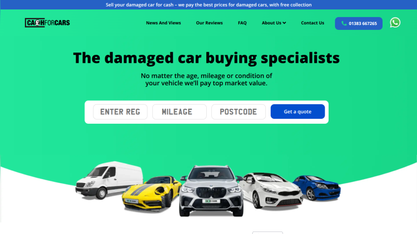 Homepage of a damaged car buying service with a quote form and images of various cars