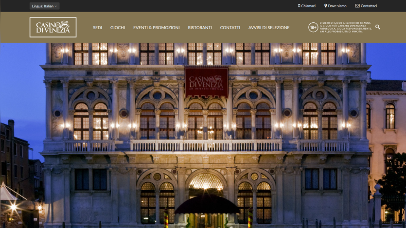 Casino di Venezia website header with navigation and promotional banner for online games and bonuses