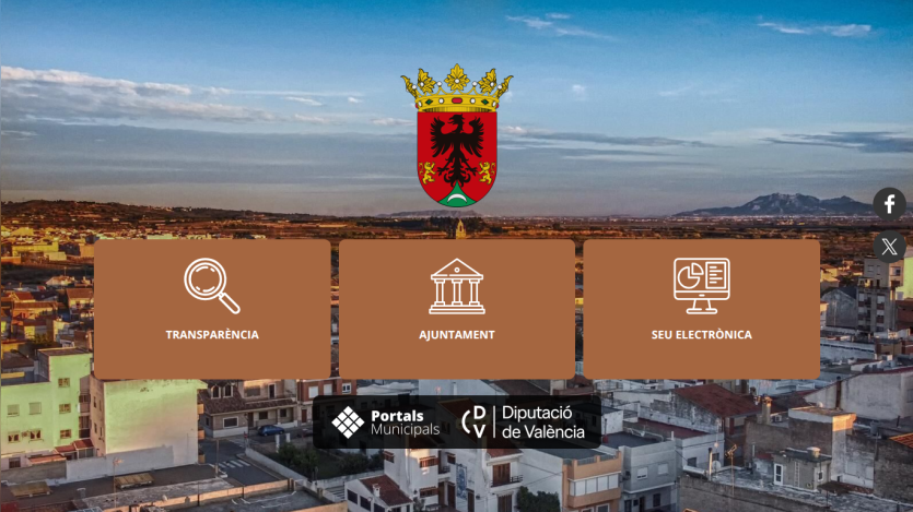 Municipal website homepage with transparency, town hall, and electronic office options over cityscape background
