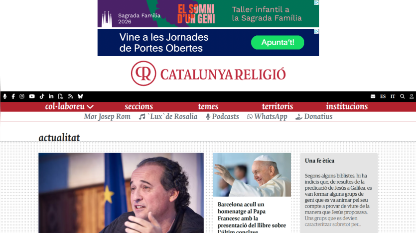 Catalunya Religió website showing news section with articles on Pope Francis and ethical faith, plus navigation menu.