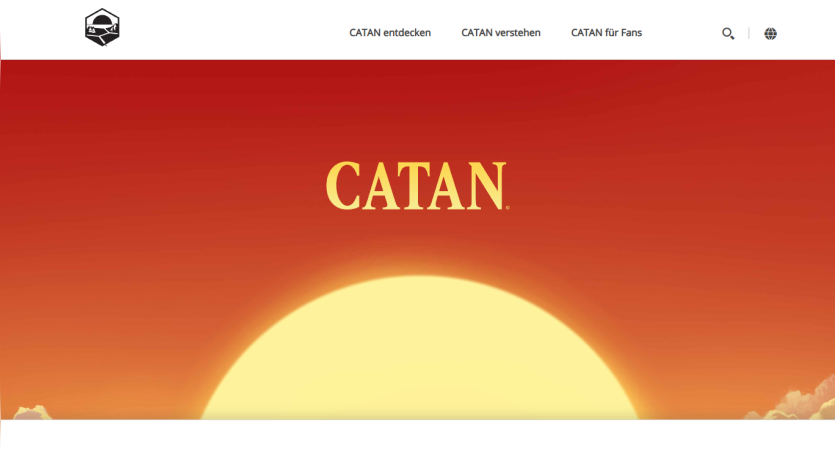 Homepage of Catan featuring the title against a sunset background.