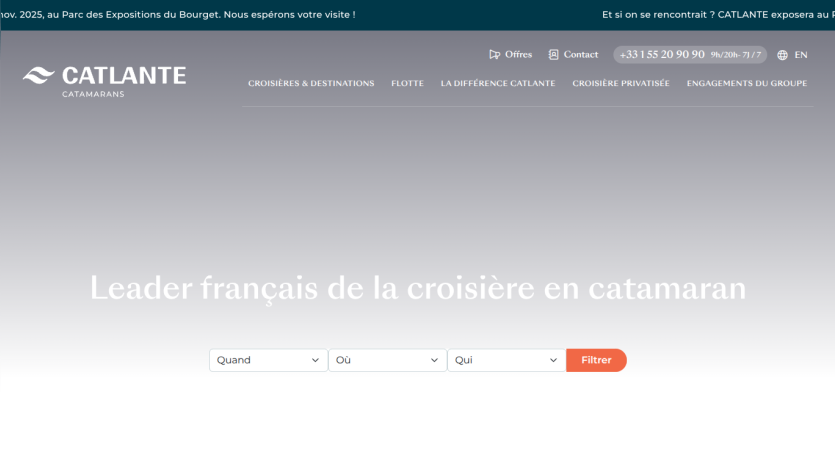 French catamaran cruise leader website with navigation menu and search filters for date, location, and guests