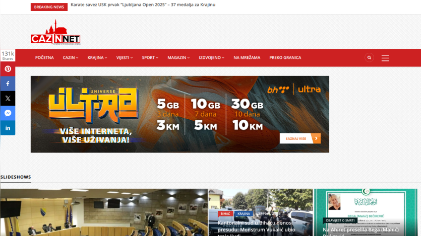 News website CAZINNET with navigation menu and hero banner advertising Universe Ultra