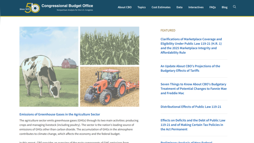 CBO homepage featuring agriculture-related images and links to reports.