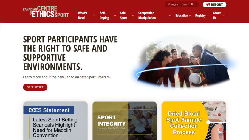 Canadian Centre for Ethics in Sport homepage promoting safe and supportive sport environments with navigation and key program highlights