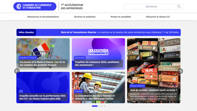 French Chamber of Commerce homepage with navigation, search bar, and featured articles on commerce trophies, women in industry, board games, and youth in industry