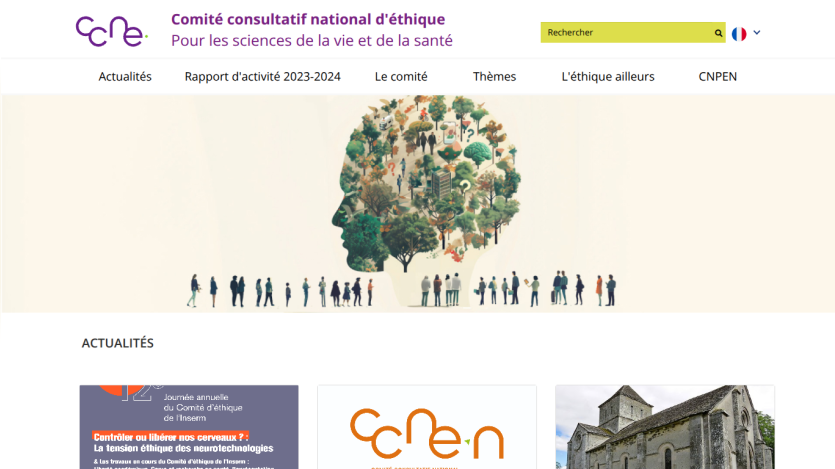 Comité consultatif national d'éthique homepage with navigation menu, search bar, and illustrated hero image of a human head filled with nature and people.