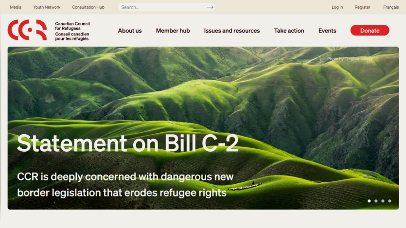 Canadian Council for Refugees homepage with statement on Bill C-2 about border legislation and refugee rights