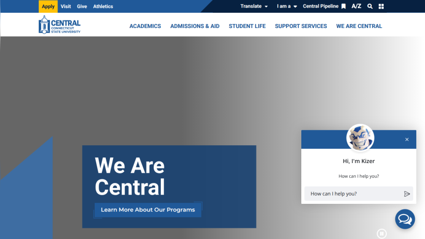 Homepage of Central with a welcome message and program information.