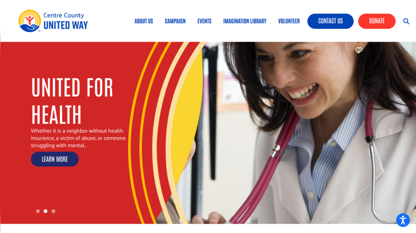 Homepage with a blue header featuring logo and navigation links, and a hero section with headline and call-to-action button