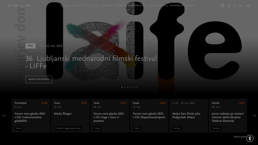 Homepage of Cankarjev dom featuring the 36th Ljubljana International Film Festival event from Nov 12 to 23, 2025, with schedule highlights below