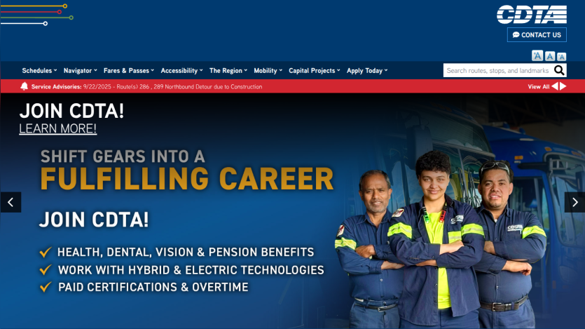CDTA recruitment page promoting fulfilling careers with benefits and advanced technologies, featuring three employees