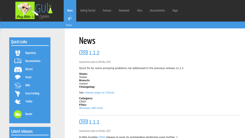 News page listing CEED 1.1.2 and 1.1.1 releases with quick links and latest releases sidebar