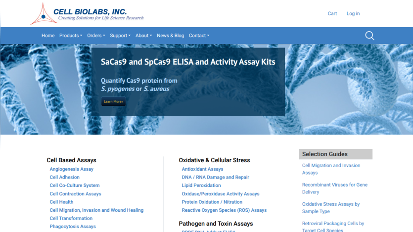 Homepage of Cell Biolabs featuring ELISA and activity assay kits.