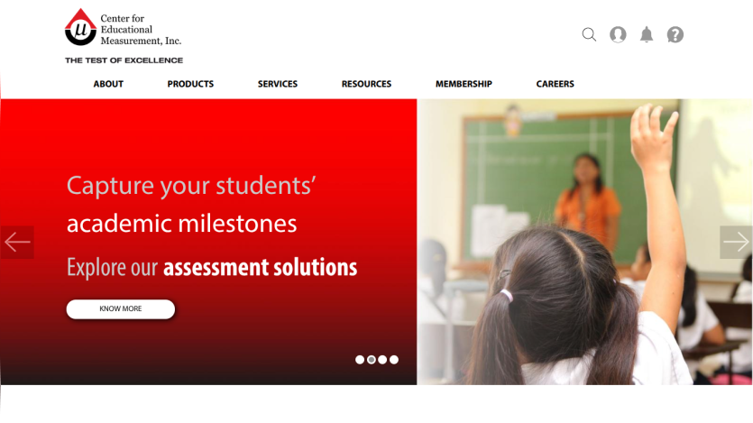 Center for Educational Measurement homepage with navigation and a hero section promoting assessment solutions for capturing students' academic milestones