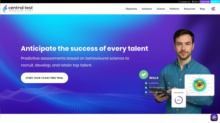 Central Test homepage with headline about predictive assessments for talent recruitment and a call to start a 15-day free trial