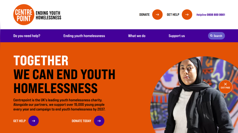 Centrepoint charity homepage with message to end youth homelessness and options to get help or donate