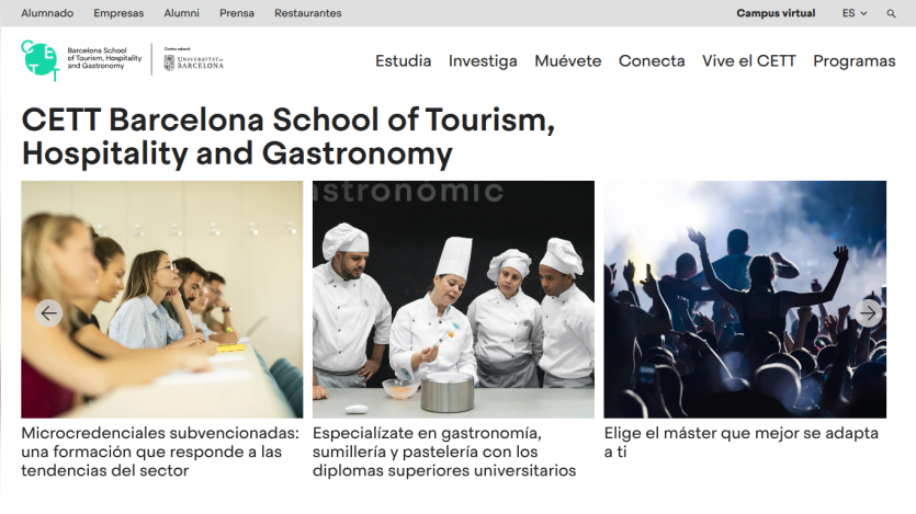 CETT Barcelona School of Tourism, Hospitality and Gastronomy homepage with educational program highlights and images of students and chefs